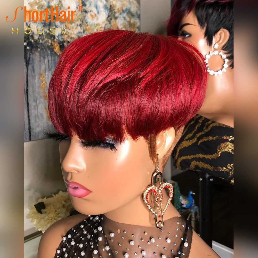 99J Red Color Pixie Short Cut Bob Wigs Ombre Human Hair Wigs With Natural  Bangs For