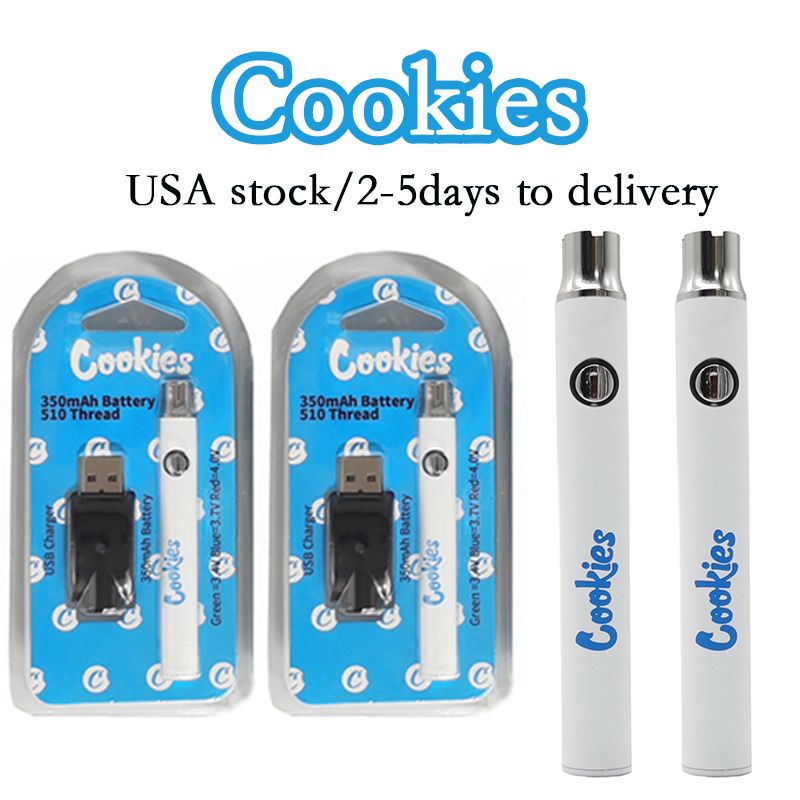 VS Stock Cookies Vape Pen Batterij 350 MAH Variabele Voltage Voorverwarming Batterijen met USB-oplader Plastic doos Verpakking voor elektronische sigaretten Starterkits