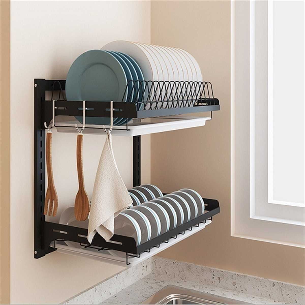 Stainless Steel Wall Mounted Dish Drainer Drying Rack Bowl Plate Storage  with Tray Kitchen Organizer Chopstick Holder Hanging