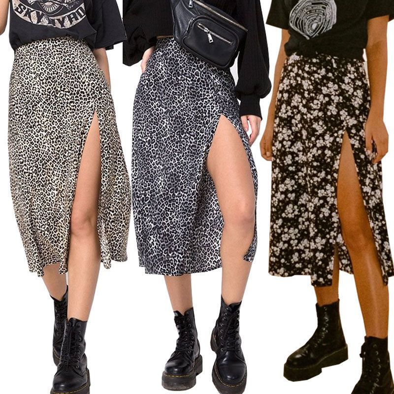 Faldas de leopardo dividido de verano Falda larga de la moda Mujer Streetwear Streetwear Poja
