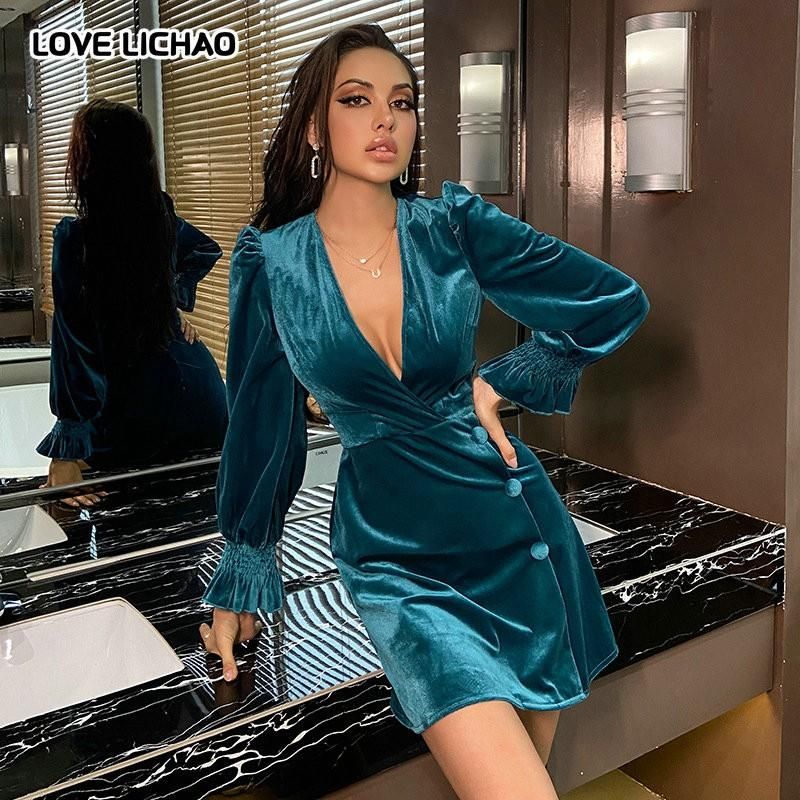 Compra Vestido Rojo 2021 Moda De Primavera Cuello En V Sexy Manga Larga  Velvet Mini Elegante Oficina Dama Mujer Robe Femme Vestidos Casuales Barato  | Entrega Rápida Y Calidad | Es.Dhgate