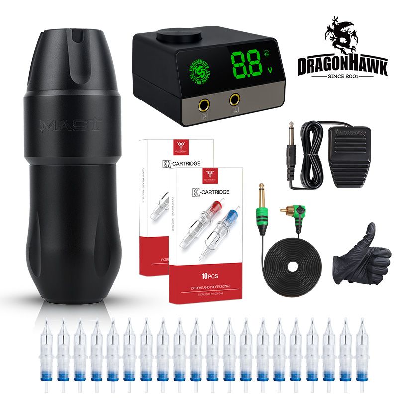 Dragonhawk Tattoo Kit Mast Tour Pro Machine Rotary Pen OLED Power Supply Cartridges Naalden D3103