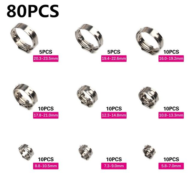 45/80PCS Single Ear Stepless Hose Clamps 5.8-23.5mm Hose Clamps Cinch Rings 
