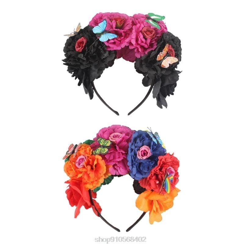 Accesorios para el cabello colorido peonía flor diadema hada mariposa mexicana corona cosplay del