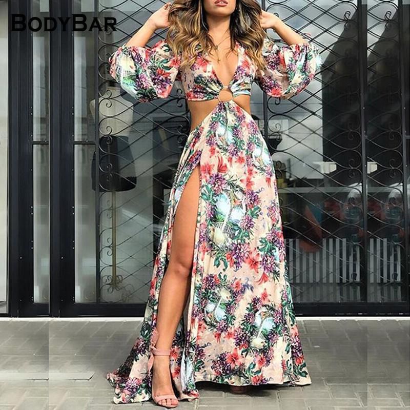 Vestidos casuales Sexy Vestido largo Maxi para las mujeres en V Cuello Flores Impresión Bohemia