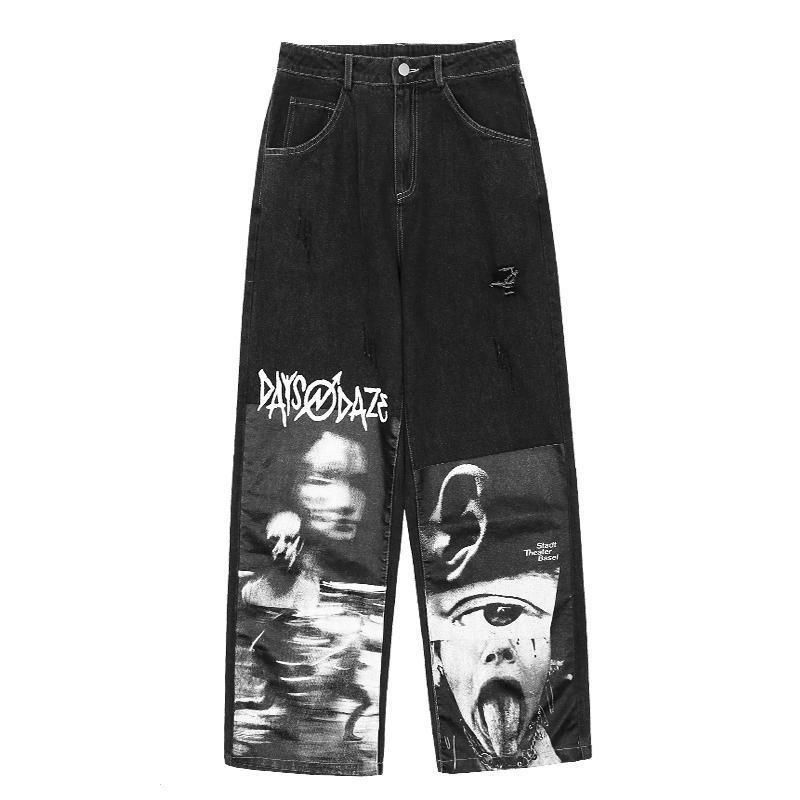 Compra Jeans Góticos Góticos Mujeres Punk Hippie Streetwear Print Y2K  Pantalones De Pierna Ancha Harajuku Grunge Denim Pantalones Vintage 90s  Barato | Entrega Rápida Y Calidad | Es.Dhgate