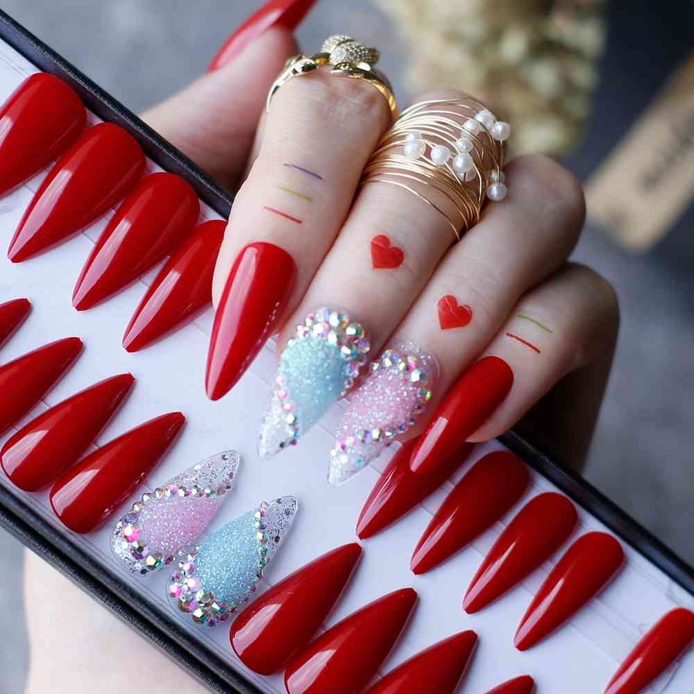 Red False Hand Made Caviar Stiletto Gel Fake Nails Box Gift Valentine Love Nails  Glitter Coffin From Miboer, $22.55 | DHgate.Com