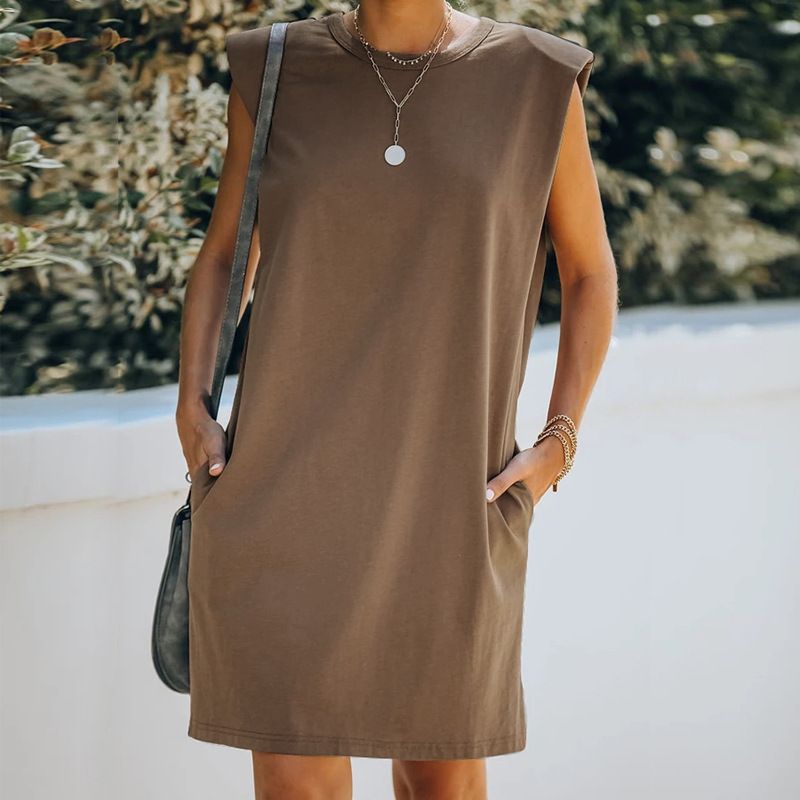 Vestido Mujer Verano Cuello Redondo Sólido Bolsillo Sin Mang Vestido Mujer Verano Cuello Redondo Sólido Bolsillo Sin Mang