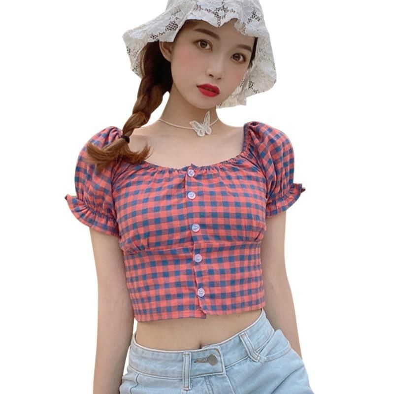 Blusas De Las Mujeres Camisas Mujeres Verano Camisa De Tela Escocesa Coreana Cuello Cuadrado Tops Cortos Blusa De Manga De Soplo € DHgate