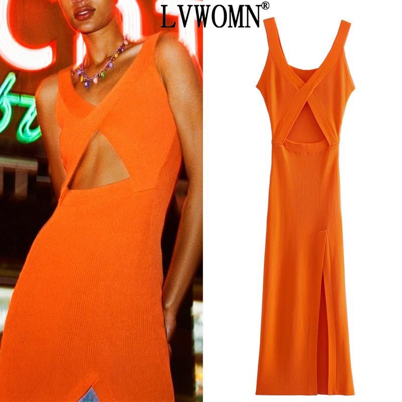 Compra Vestidos Casuales Lvwomn 2021 Naranja Punto Vestido Largo Mujer Sexy  Corte Correa Mujer Verano Sin Mangas V Cuello Bodycon Sundreses Barato |  Entrega Rápida Y Calidad | Es.Dhgate