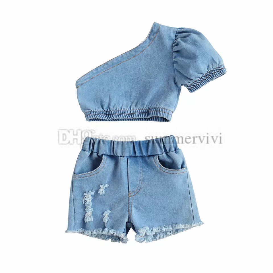 Sale 2Pcs Infant Baby Girls Long Sleeve Solid Tops Denim Shorts Clothes Outfits Set