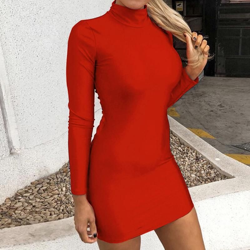 Women Bodycon Dress Casual Turtleneck 