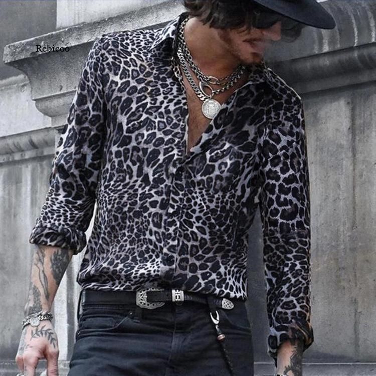 Mens Leopard Print Long Sleeve Shirt 