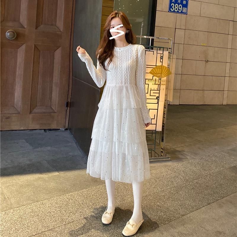 White Knitted Fairy Dress Elegant Ruffled Women Designer Sequins Winter One Piece Lady Club Party Long Sleeve Maxi Casual Dresses From Ximipu 28 23 Dhgate Com