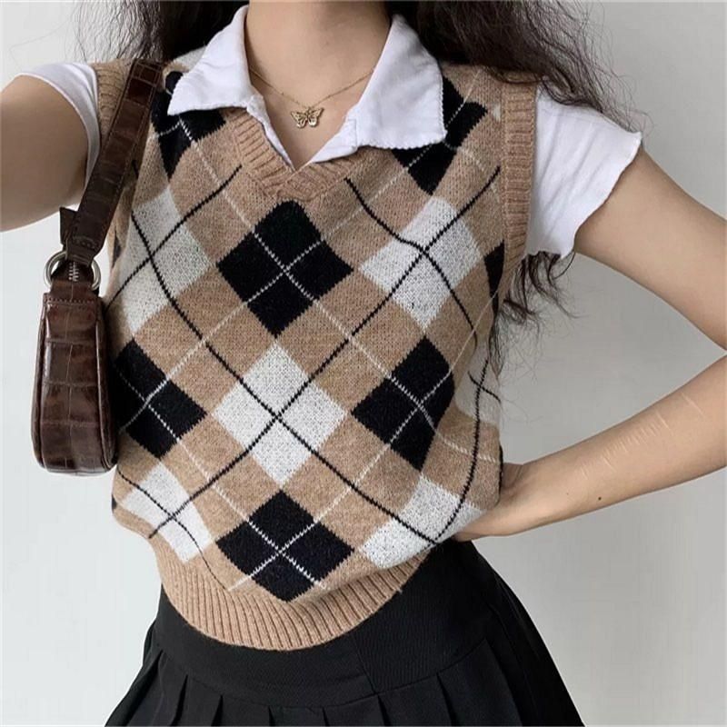 Compra Estilo Preppy C Cuello Casual 90s Ropa Estética Para Las Mujeres  Vintage Muchacha Suave Sin Mangas Plaid Thream Thing Tops Punto De Punto  Femenino Tanque De Mujer Barato | Entrega Rápida