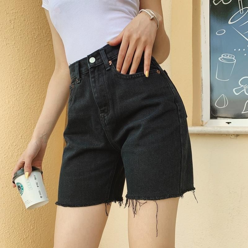 Jeans Alta Cintura delgada Medio Shorts Mujer Y2K Verano Bolsillos Sólidos Negro