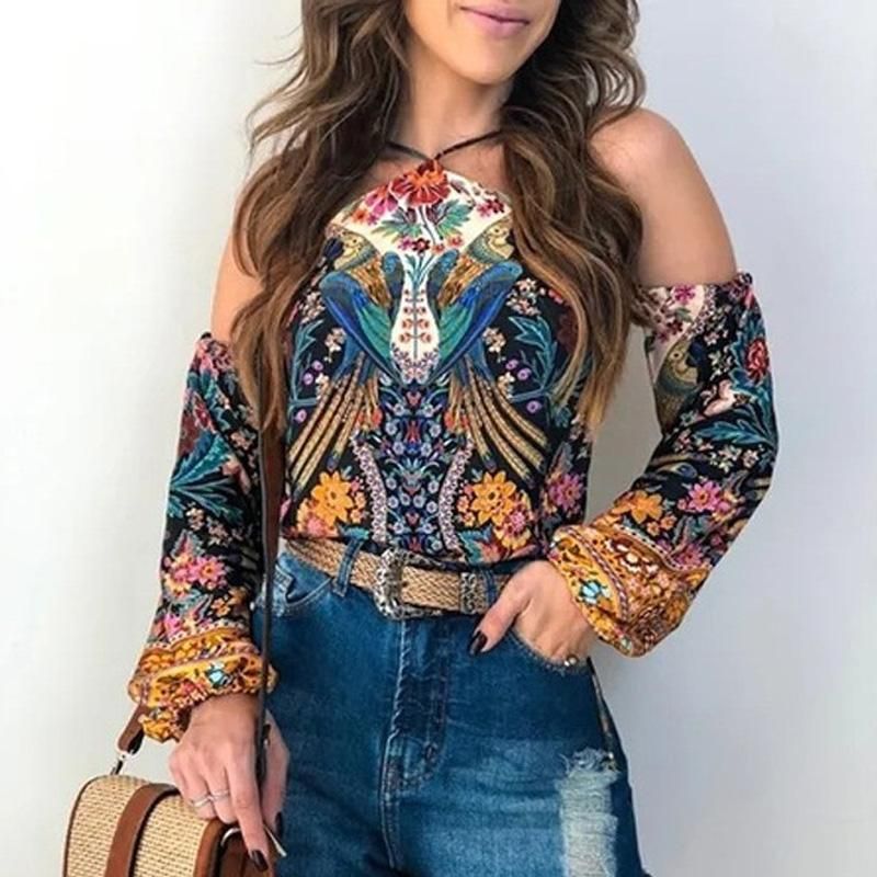 Compra Blusas Para Mujer Camisas 2022 Damas De Primavera Elegante Casual  Off Shoulder Blusa Sexy Chic Chic Halter Mujeres Moda Invertible Retro  Imprimir Manga Larga Barato | Entrega Rápida Y Calidad | Es.Dhgate