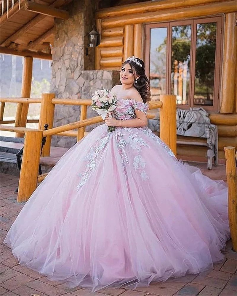 Moderno rosa tul bola vestido quinceañera vestidos de hombro flores 3d dulce 16 vestido fiesta desgaste Moderno rosa tul bola vestido quinceañera vestidos de hombro flores 3d dulce 16 vestido fiesta desgaste