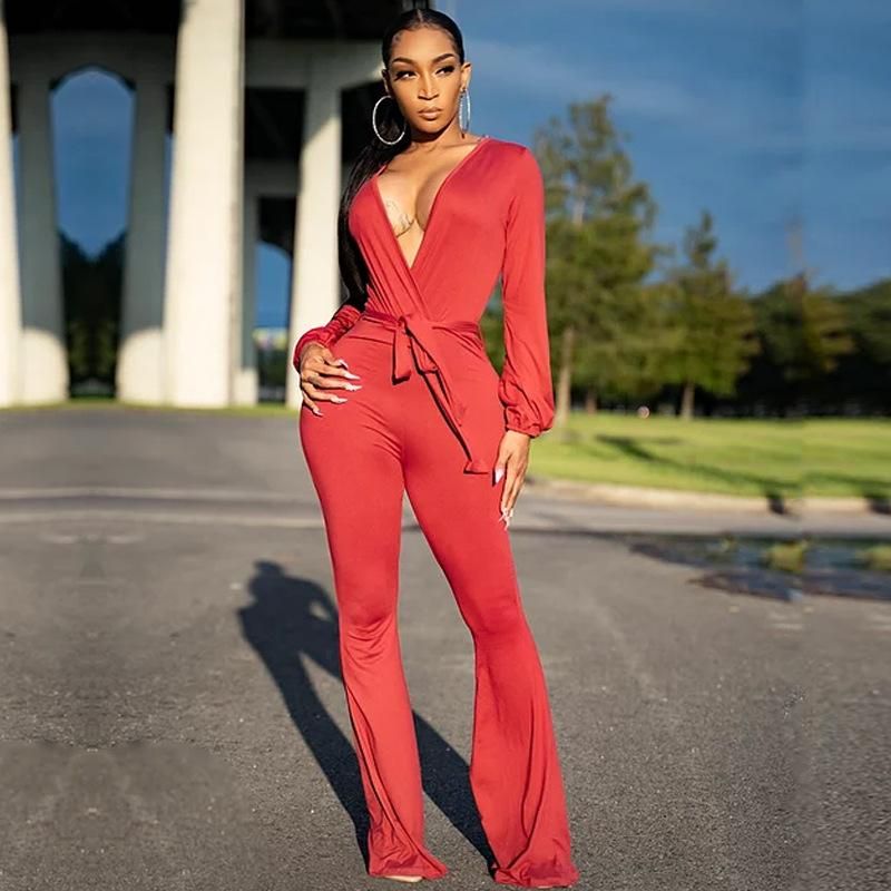 YYG Women Deep V Neck Bell-Bottom Flare Pants Cold Shoulder Ruffle Slim Jumpsuit Romper YYG Women Deep V Neck Bell-Bottom Flare Pants Cold Shoulder Ruffle Slim Jumpsuit Romper