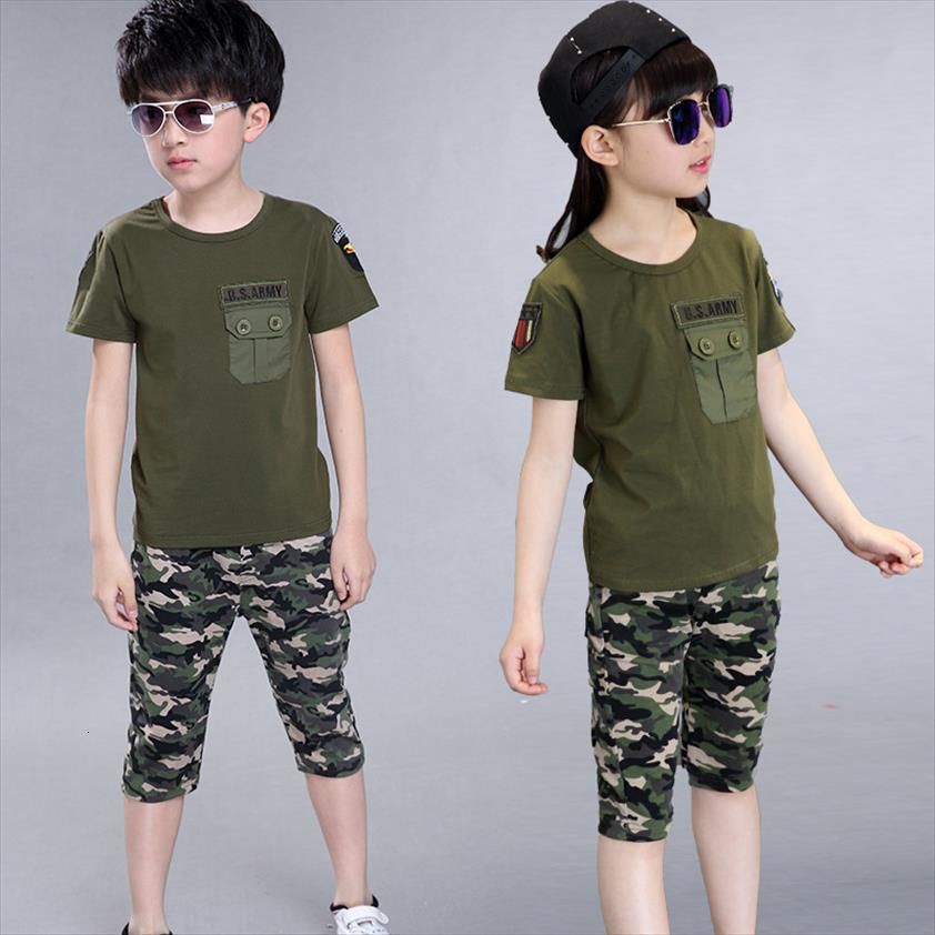 Verano niños militar camuflaje ropa niño camiseta pantalones cortos 2 unids niña algodón verde