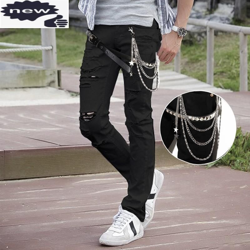 Compra Street Hole Ripped Jeans Hombres Moda 2021 Cadenas Slim Denim Lápiz  Pantalones Personalidad Rivets Punk Black Blanco Pantalones De Cremallera  Hombres Barato | Entrega Rápida Y Calidad | Es.Dhgate