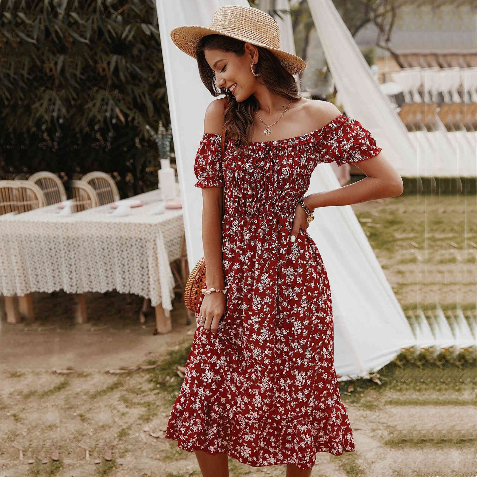 Vestido largo de moda elegante suelta Bohe Bohe Bohe Bust elástico Busto plisado Vestidos largos Playos Vestido largo de moda elegante suelta Bohe Bohe Bohe Bust elástico Busto plisado Vestidos largos Playos
