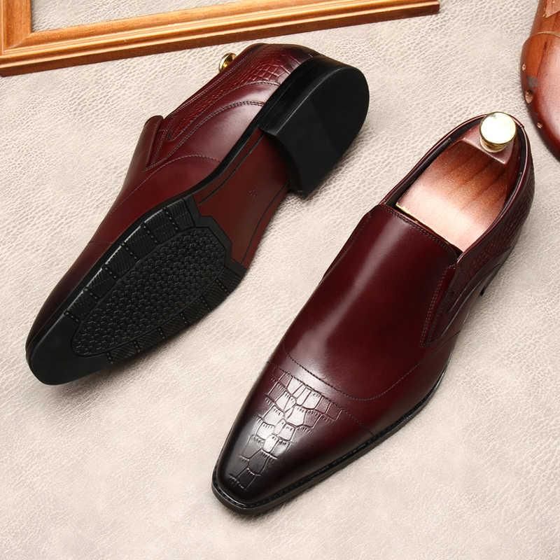 Dress Shoes Mens Fashion Wedding Genuine Leather Pointed Toe Slip On ...