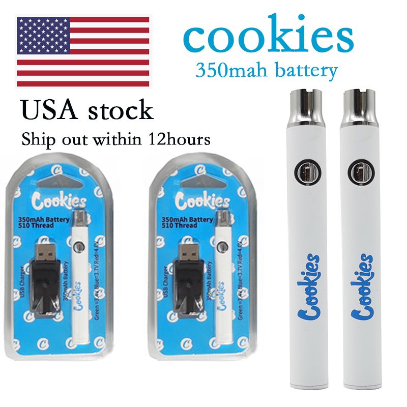 Cookies Vape Pen Battery 350mAh Tensione Variabile Preriscaldamento 510 Batterie con caricabatterie USB Box di plastica Packaging per sigarette elettroniche Starter Kit USA Stock