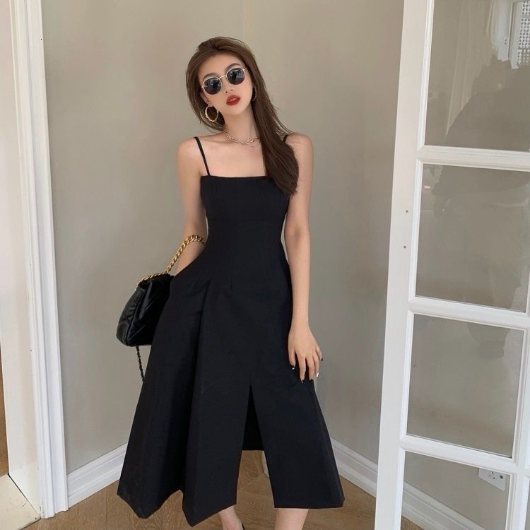 Casual Dresses Hong Kong Style French Long Temperament Waist Controlled  Split Sexy Girl Profile Strap Dress For Women Summer Black N9E7 From  Facaizyh2, $1 | DHgate.Com