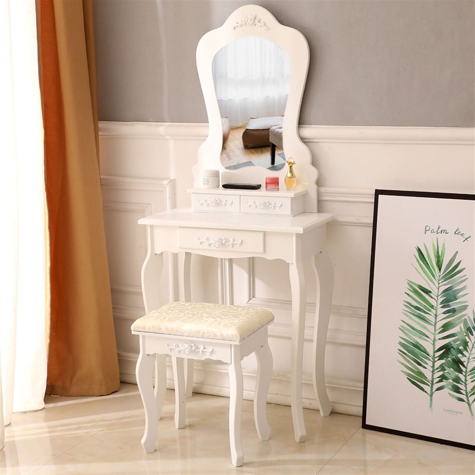 Juego De Tocador De Maquillaje De Madera Con Espejo Taburete 7 Cajones Blanco 