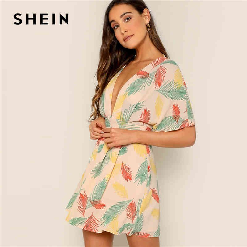 Compra Vestidos Casuales Moda Shein Caída De Cuello Atado Abiertos Espalda  Tropical Profundo V En Forma Y Flare Mujeres Manga Corta Verano Lwev Barato  | Entrega Rápida Y Calidad | Es.Dhgate