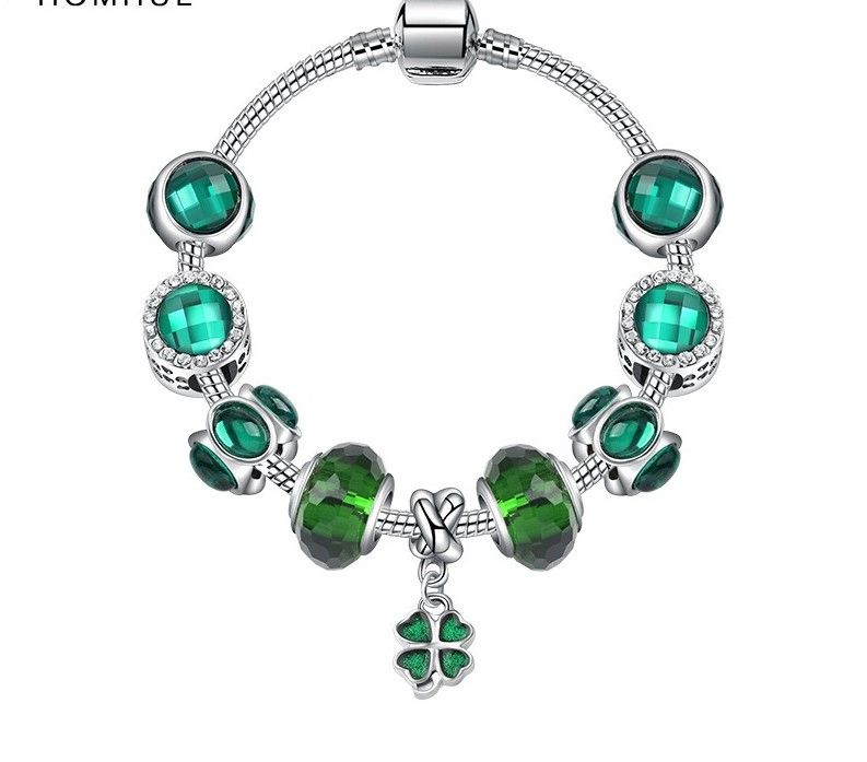Fashion Silver Charms Green Glass Beads Four Clover Fits Pandora Charms Bracelets