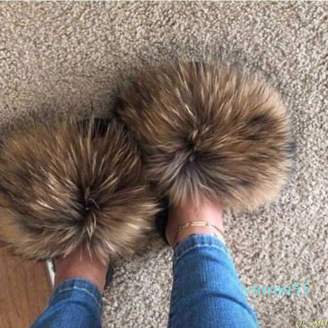 Real Raccoon Fur Slippers Women Sliders Casual Fox Hair Flat Fluffy Fashion Home Summer Big Size 45 Furry Flip Flops Shoes,Grey