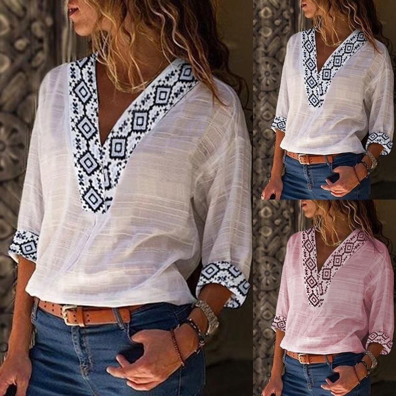 menta Variedad especificación Blusas de mujer Camisas Boho Chic Algodón Lino Top Blusa Camisa Larga  Estilo étnico Tops para