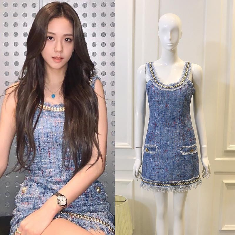Vestidos casuales kpop coreano celebridad verano moda azul sin mangas tweed cadena vestido mujer sexy sin Vestidos casuales kpop coreano celebridad verano moda azul sin mangas tweed cadena vestido mujer sexy sin