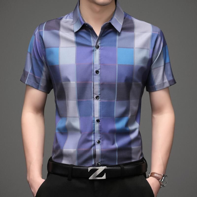 Retro Shirt Men Short Sleeve Camisa Hombre 2022 Summer Casual Male Grid Quality Fashion Stage Show Dress Men's