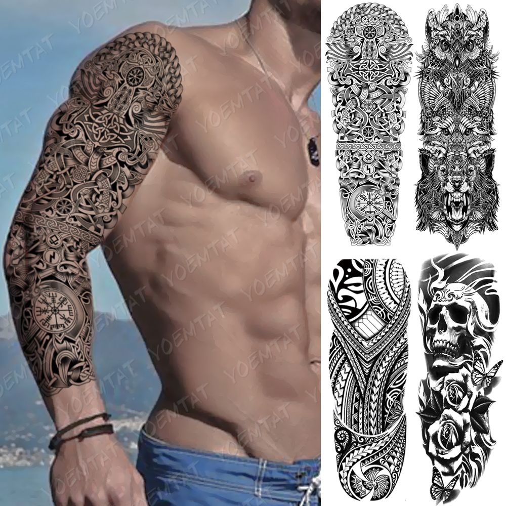 Gran manga del brazo tatuaje serpiente búho oso impermeable tatuaje  temporal pegatina calavera tótem cuerpo arte