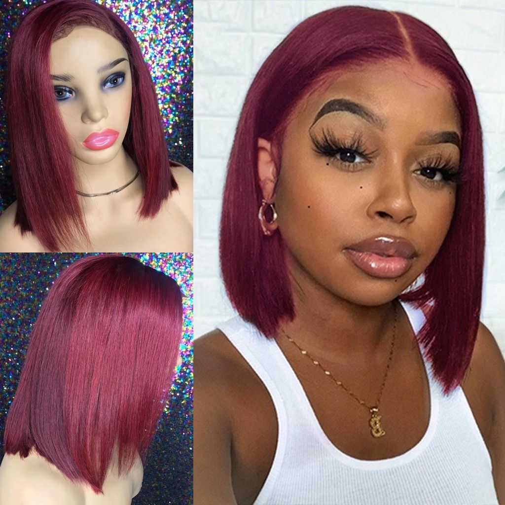 Burgundy Color Short Straight Bob Wigs Synthetic Lace Front Wig Simulation Human Hair Pre Plucked For Burgundy Color Short Straight Bob Wigs Synthetic Lace Front Wig Simulation Human Hair Pre Plucked For