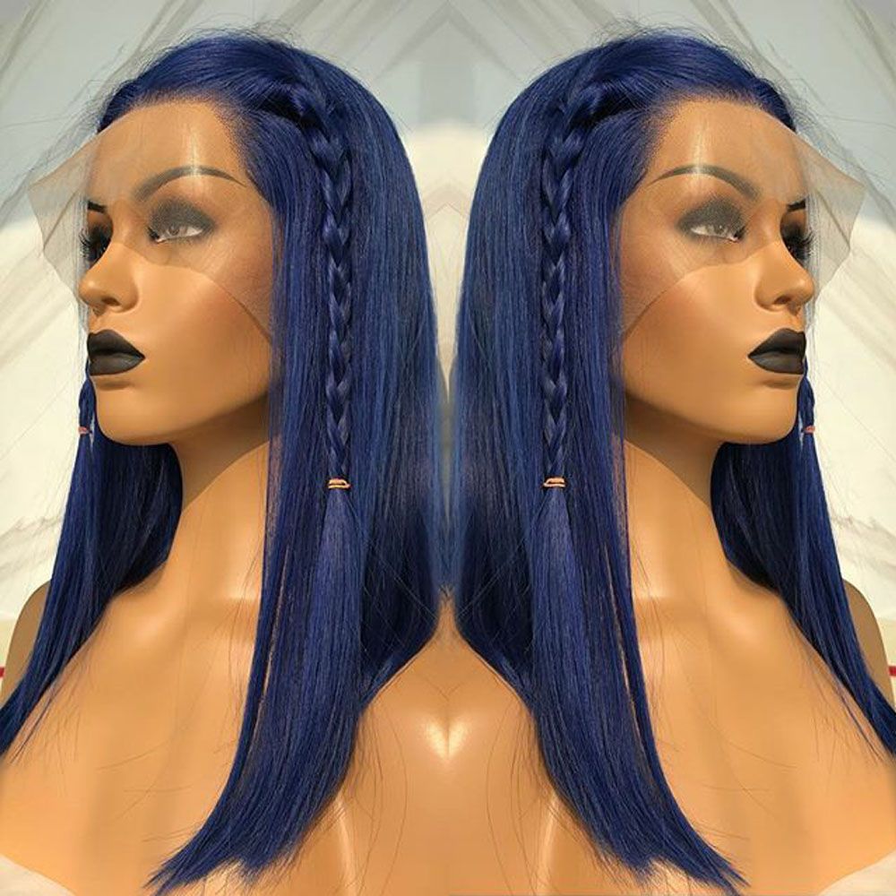 Dark Blue Color Straight Synthetic 13*4 Lace Front Wig With Baby Hair Heat  Resistant
