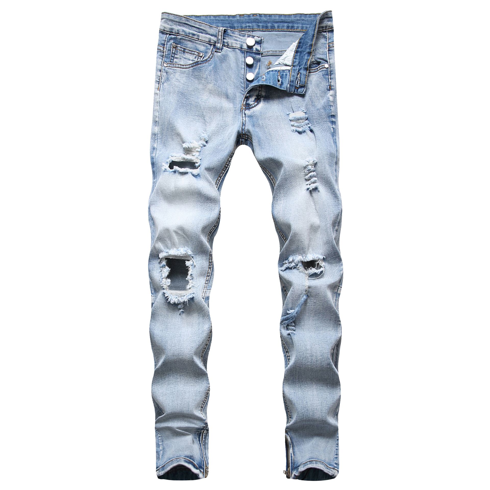 Heren jeans mode zip leggs gescheurd gat lichtblauwe skinny gescheurde vernietigde stretch fit casual