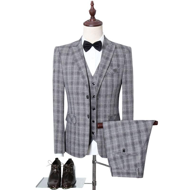 Mens Plaid Check Business Suits Men Wedding Party Latest Coat Pant
