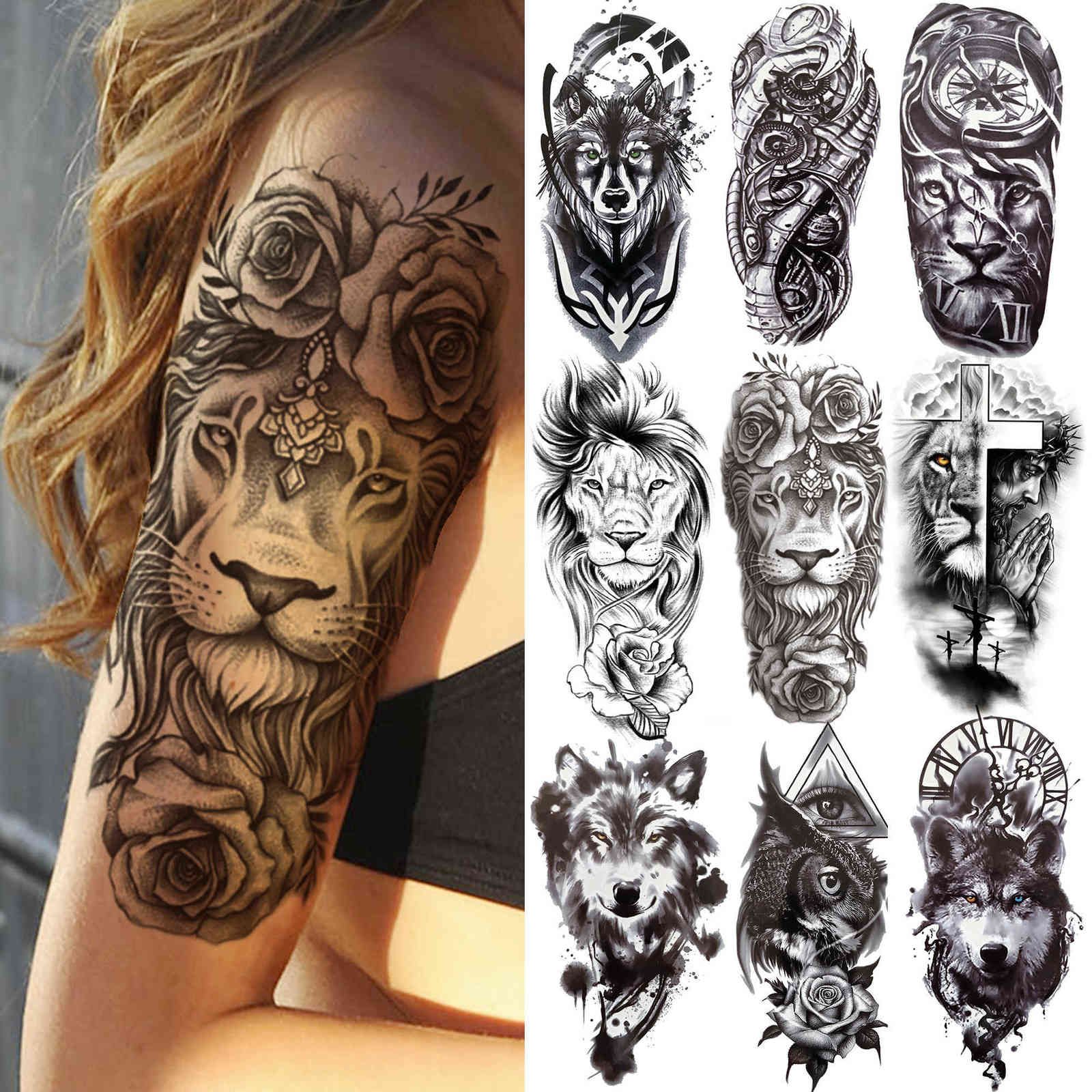 Tatouage Lion Avec Rose Femme Sexy Rose Lion Fleur Tatouages ​​temporaires Pour Femmes Hommes Enfants  Boys Realistique Faux Loup Tatouage Autocollant Noir Cross Compass Tatouages  Du 2,35 € | DHgate