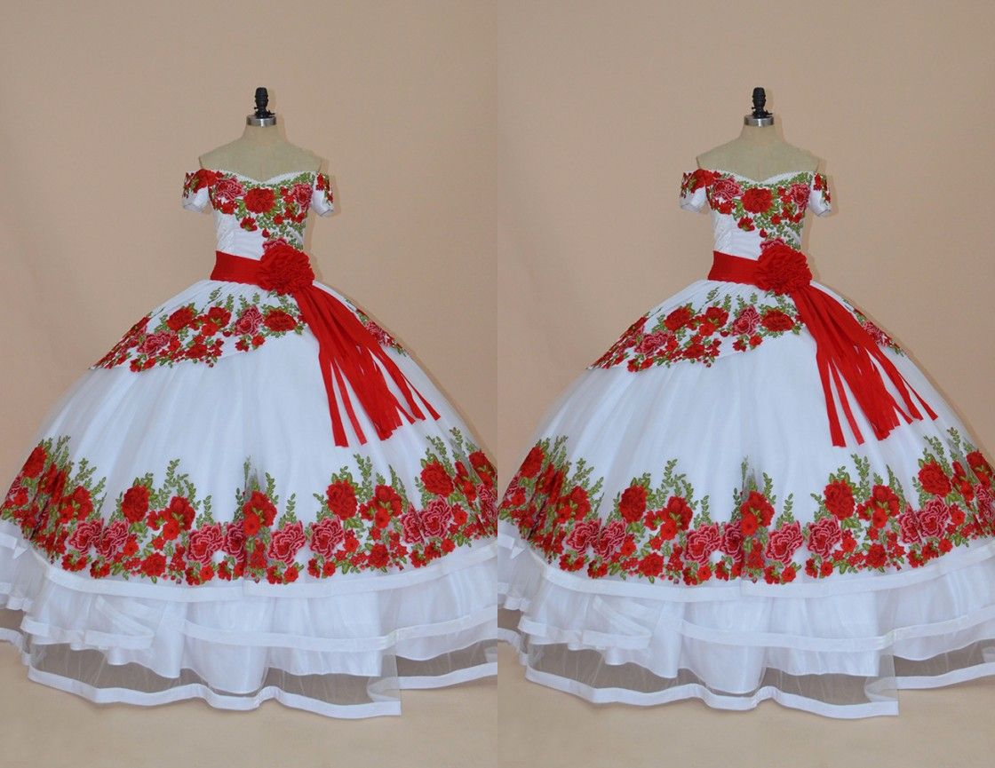 Vestido de 15 xv anos rojo floral flores blancas quinceañera vestidos fuera  del hombro vestido de