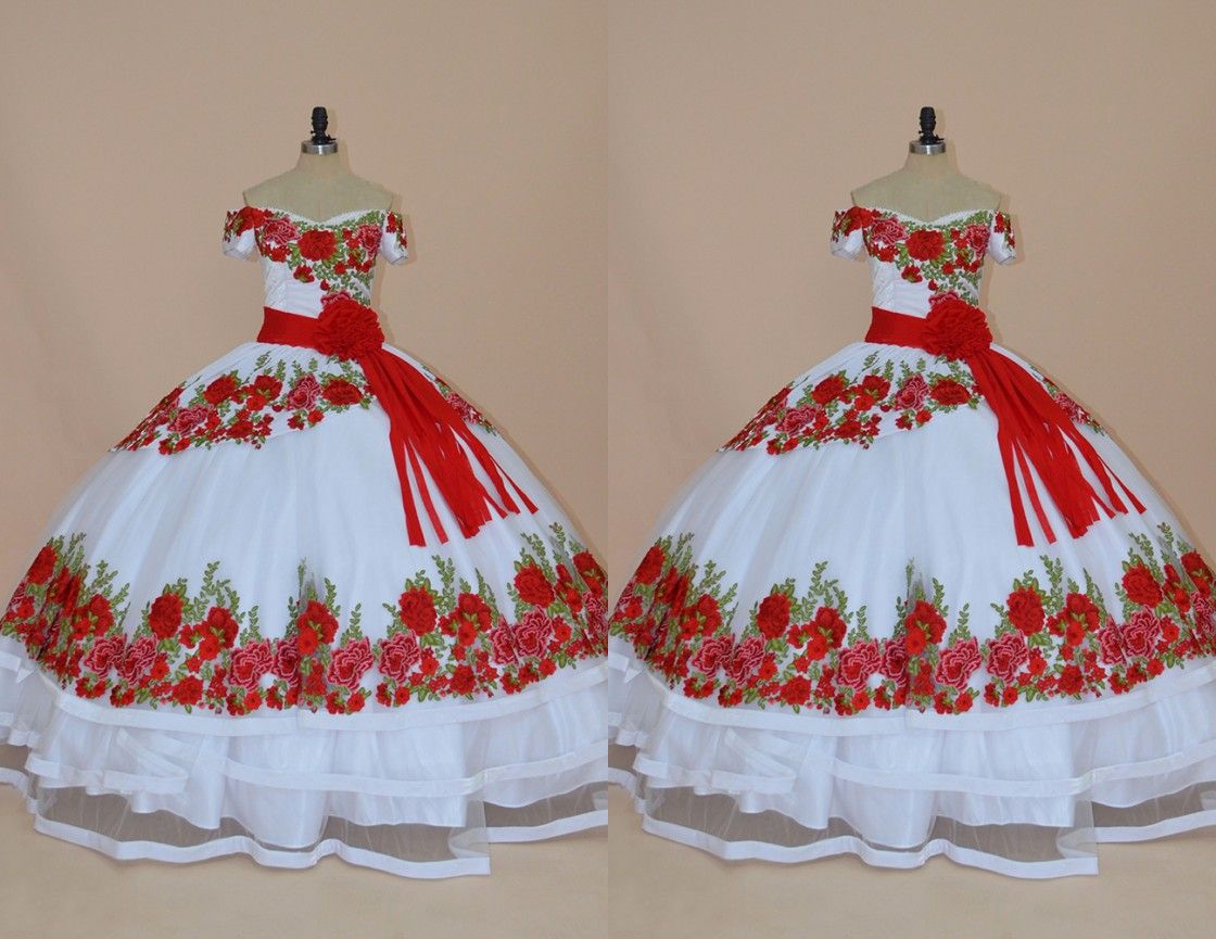 Vestido de 15 xv anos rojo floral flores blancas quinceañera vestidos fuera del hombro vestido de Vestido de 15 xv anos rojo floral flores blancas quinceañera vestidos fuera del hombro vestido de