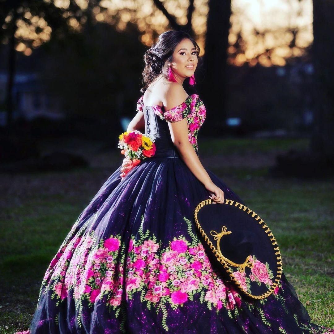 Sexy Black Charro Plus size Quinceanera Prom Formal Dress 2021 Mexican Ball  Gown Floral Flowers Patterned