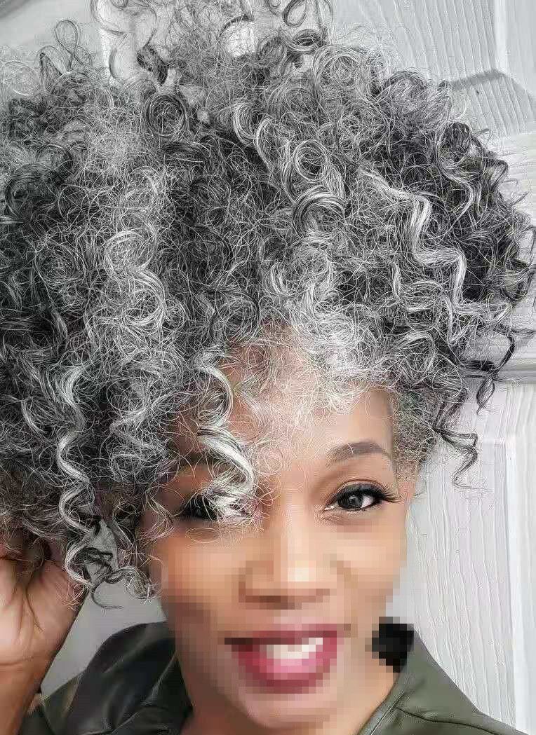 Fashion and pepper grey curly real hairstyle ponytail afro style puff  14inch silver gray human hair