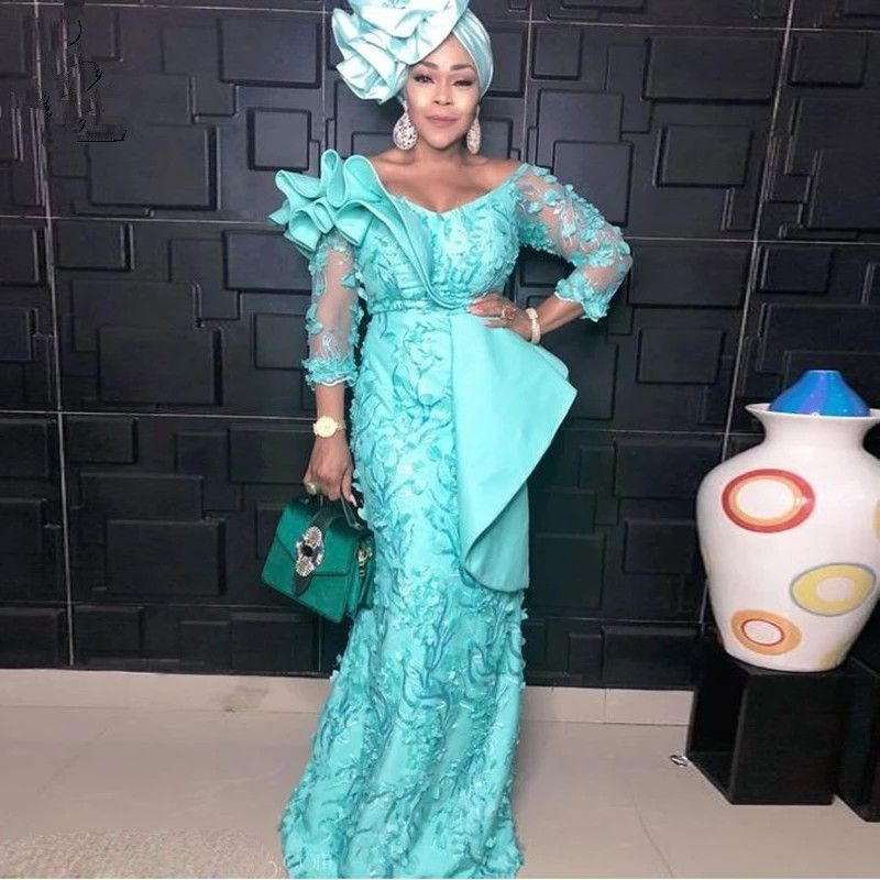 Aso Ebi Style Mint Lace Prom Dresses 