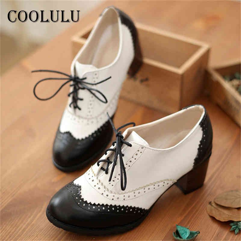 Coolulu 2021 Vrouwen Chunky Heel Wingtip Oxford Schoenen Vintage Hoge  Hakken Jurk Pumps Lace-up Ronde
