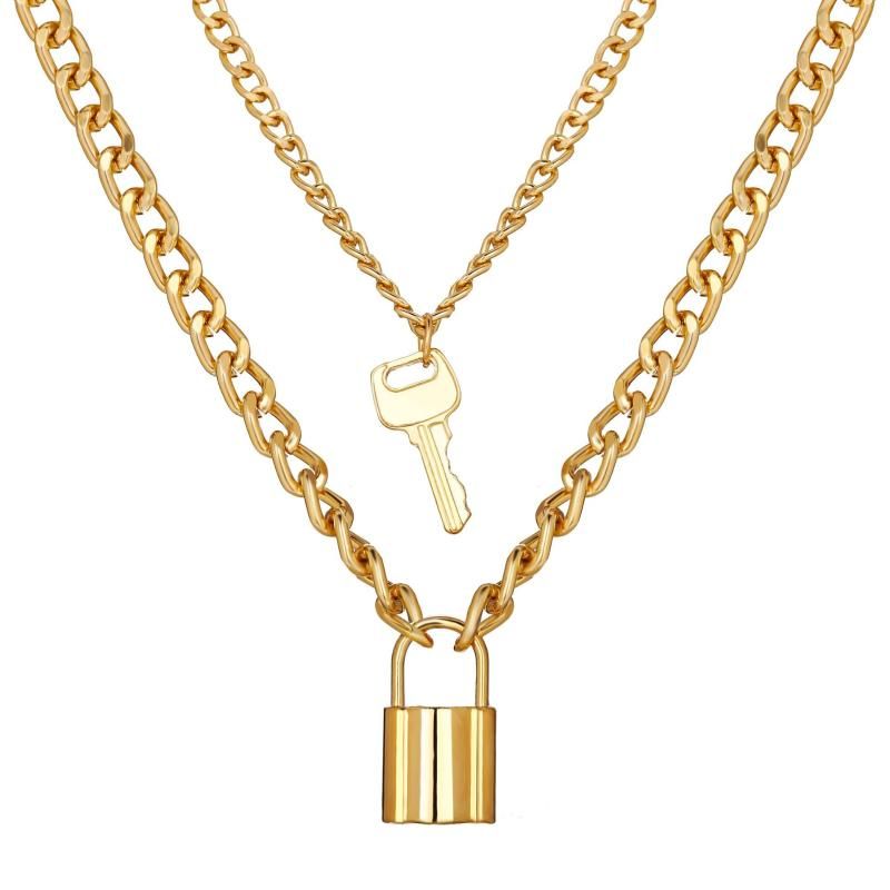 Collane con ciondolo 2023 Collana con lucchetto a chiave alla moda per donne Collane con lucchetto a catena a doppio strato color oro gotico_voghion.com