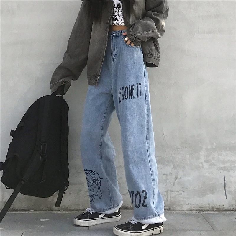 Harajuku Dibujos animados Anime Imprimir Jeans Mujeres Vintage Lavado Costura Casual Hombre Suelte Pantalones de cintura Harajuku Dibujos animados Anime Imprimir Jeans Mujeres Vintage Lavado Costura Casual Hombre Suelte Pantalones de cintura